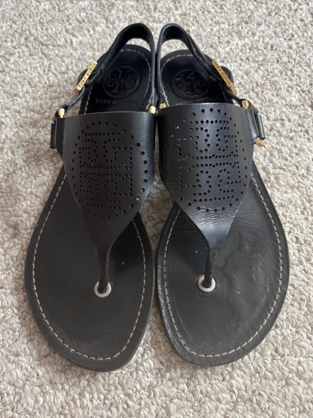 Tory Burch Black Perforated Logo Thong Sandals with Gold Hardware